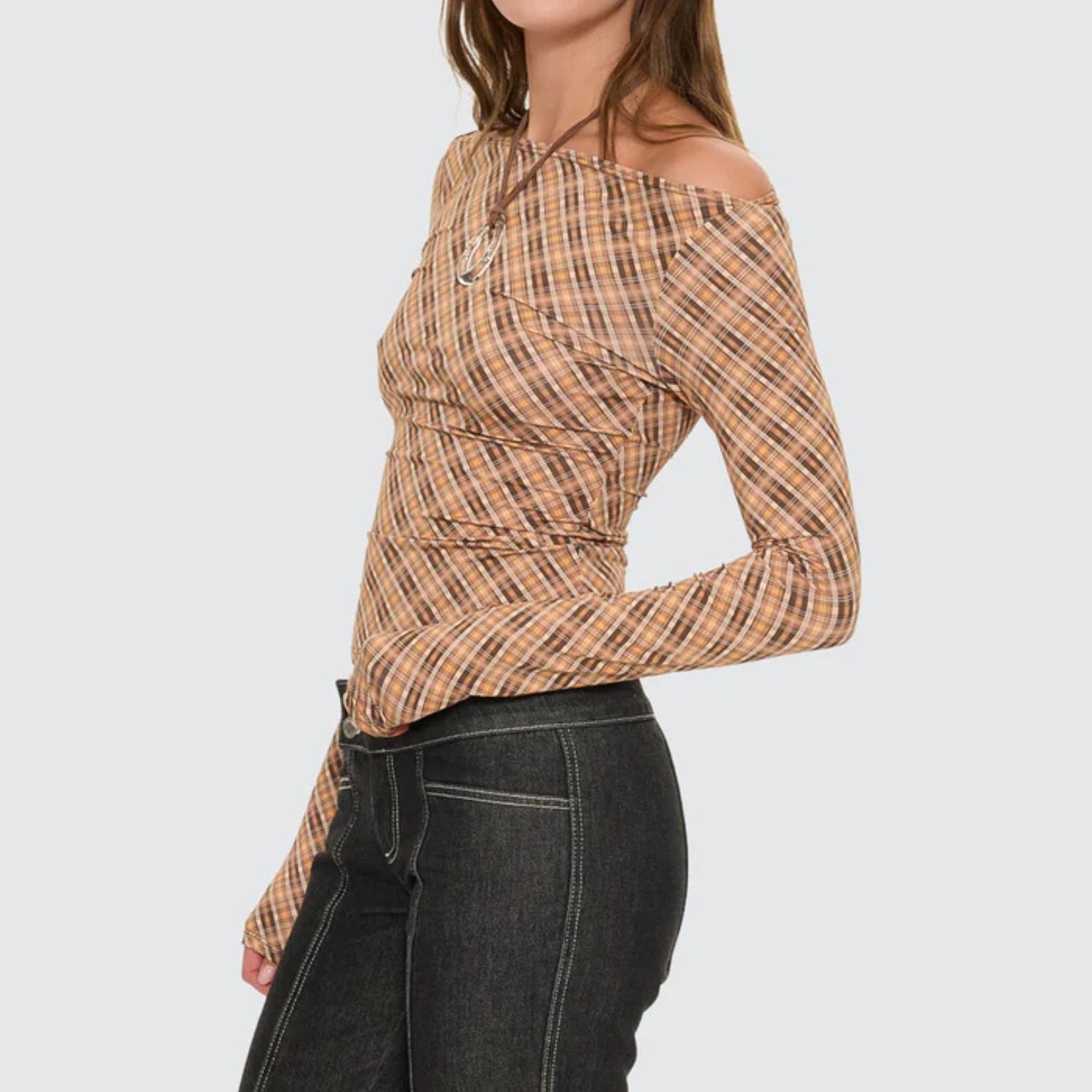 THRILLS WOMENS NO VACANCY CHECK LONG SLEEVE TOP - CINNAMON