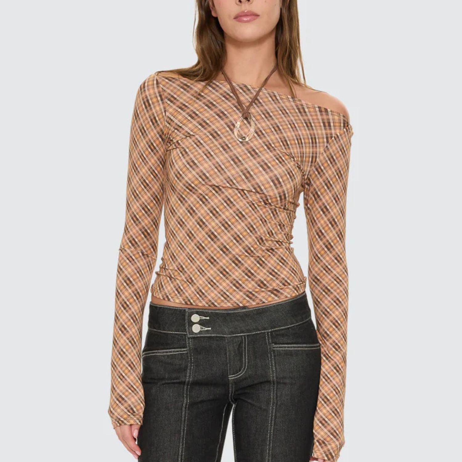 THRILLS WOMENS NO VACANCY CHECK LONG SLEEVE TOP - CINNAMON