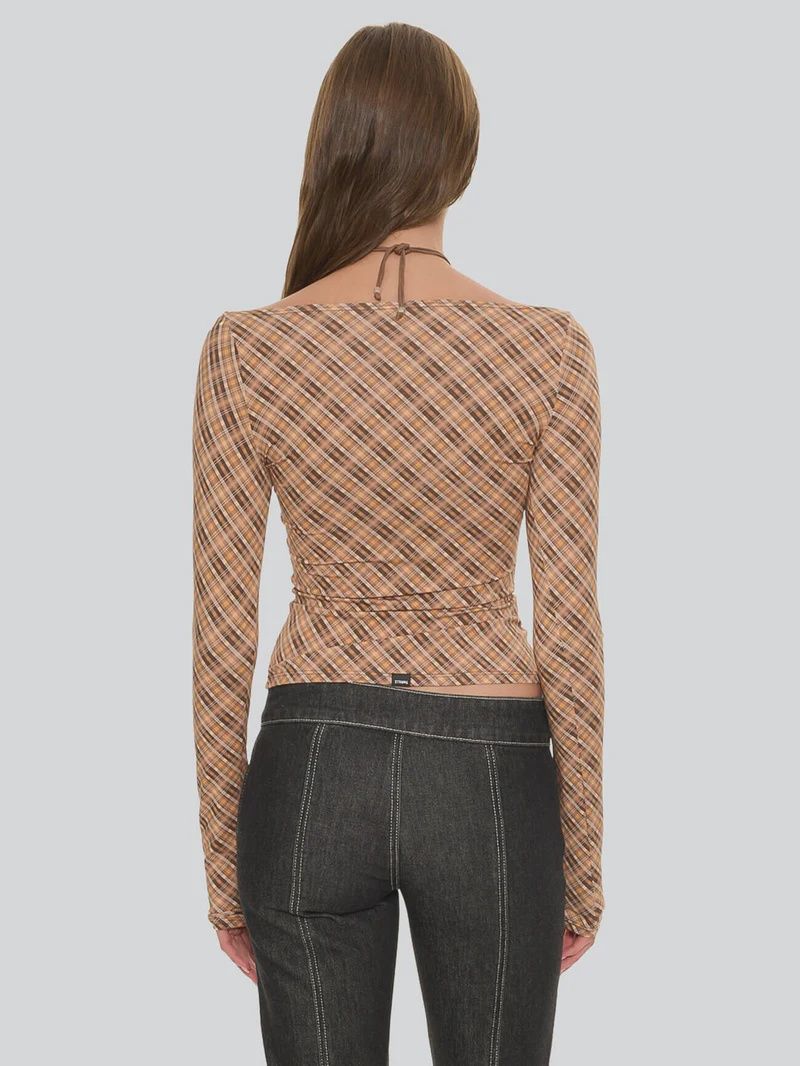 THRILLS WOMENS NO VACANCY CHECK LONG SLEEVE TOP - CINNAMON