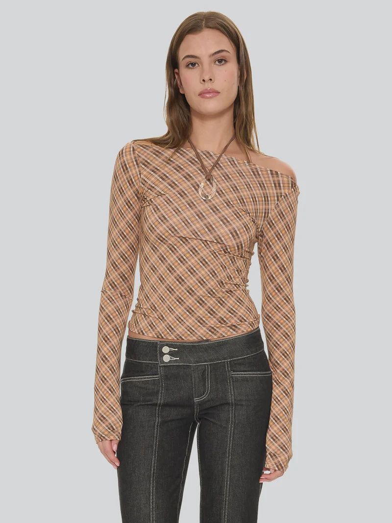 THRILLS WOMENS NO VACANCY CHECK LONG SLEEVE TOP - CINNAMON