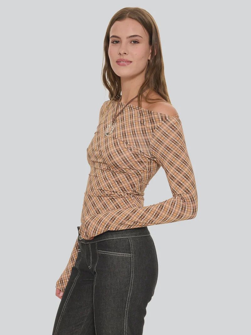 THRILLS WOMENS NO VACANCY CHECK LONG SLEEVE TOP - CINNAMON