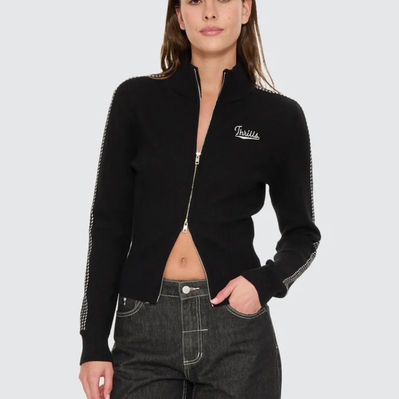 THRILLS WOMENS FINAL CALL ZIP KNIT SWEATER - BLACK