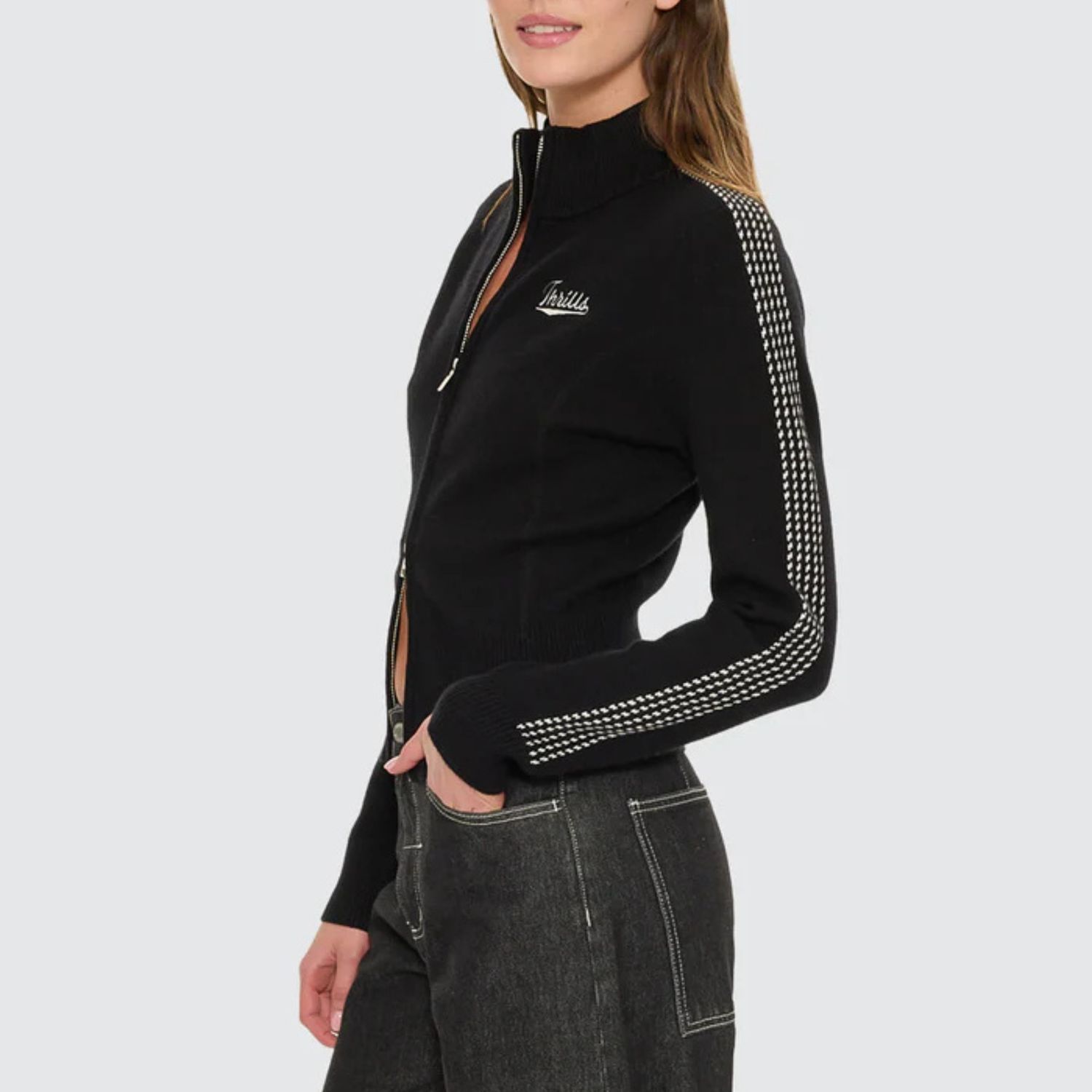THRILLS WOMENS FINAL CALL ZIP KNIT SWEATER - BLACK