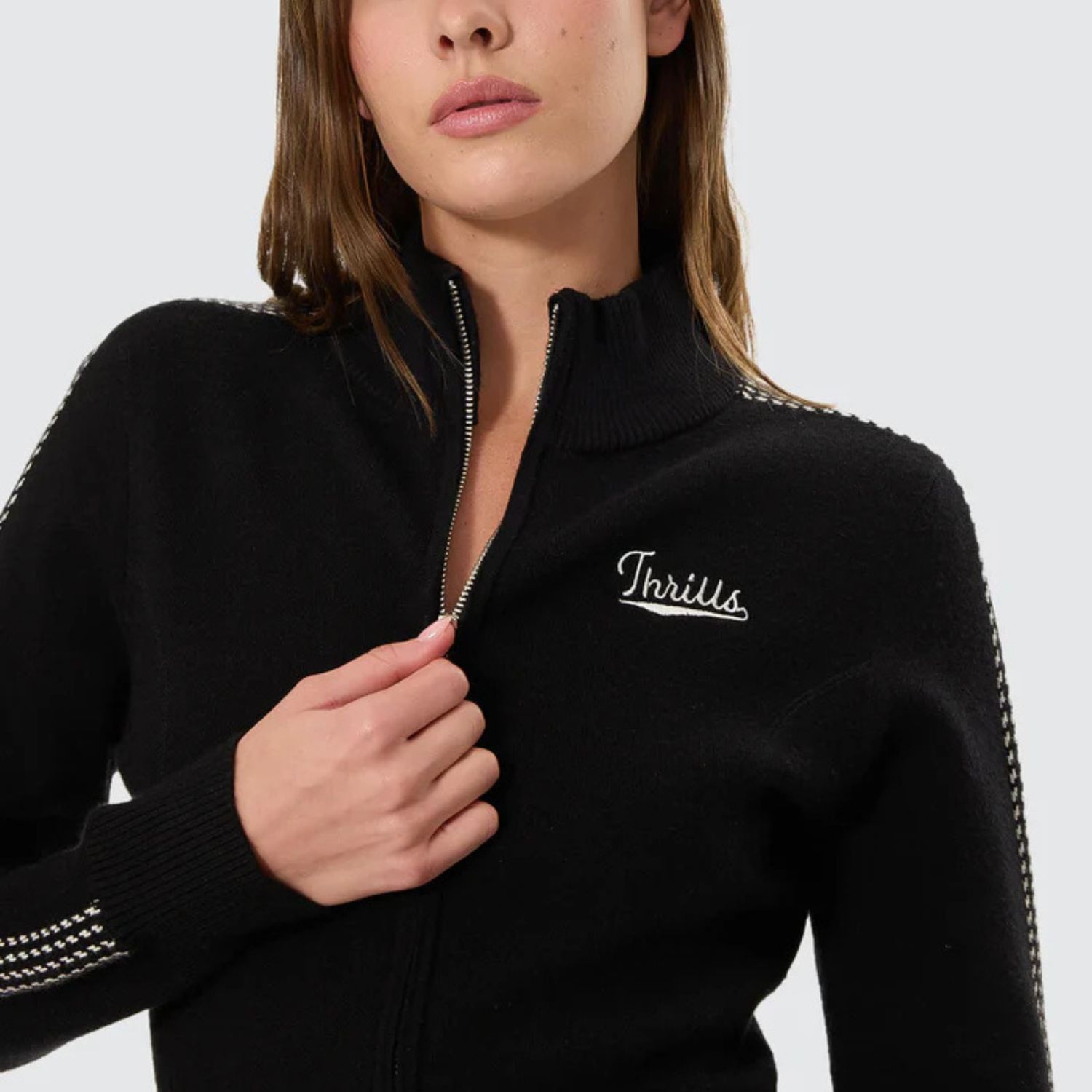 THRILLS WOMENS FINAL CALL ZIP KNIT SWEATER - BLACK