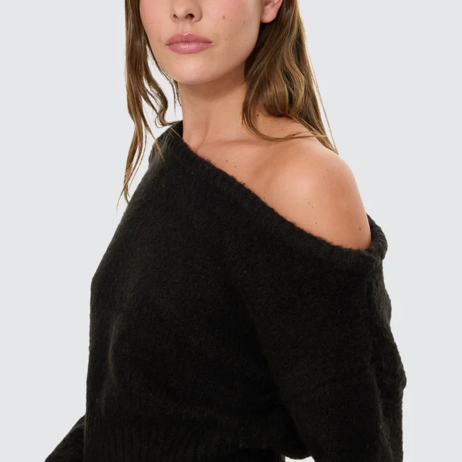 THRILLS WOMENS OSLO COLD SHOULDER KNIT SWEATER - BLACK