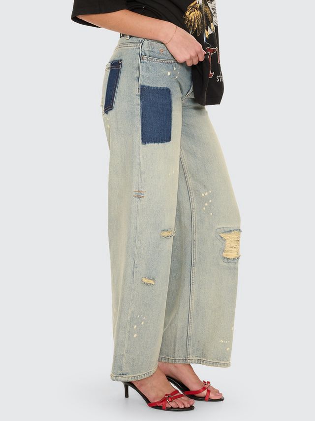 THRILLS WOMENS NEW DELUSIONS HUNTER LOW RISE WIDE JEAN - REPAIRED LIGHT DIRTY STONE