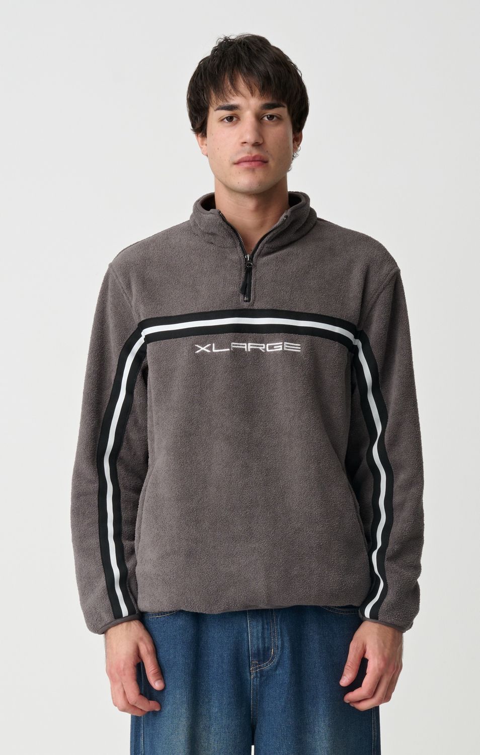 XLARGE MENS STRIPE POLAR FLEECE 1/4  ZIP - MOCHA