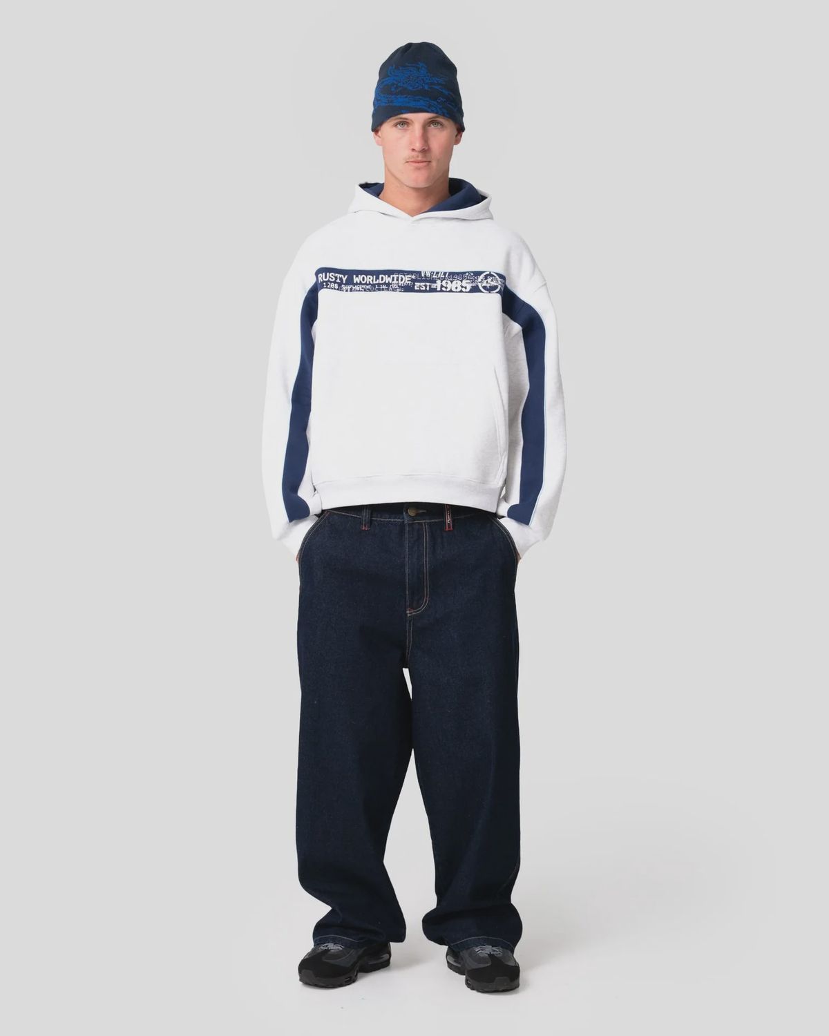 RUSTY MENS BIG TICKET HOODED FLEECE - ECRU MARLE