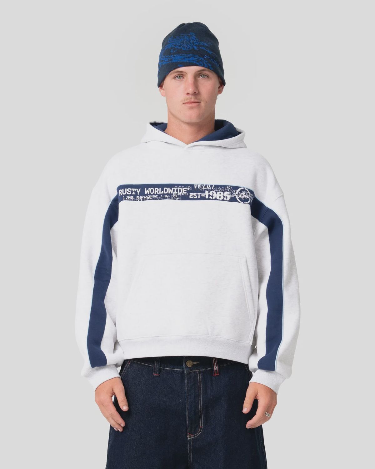 RUSTY MENS BIG TICKET HOODED FLEECE - ECRU MARLE