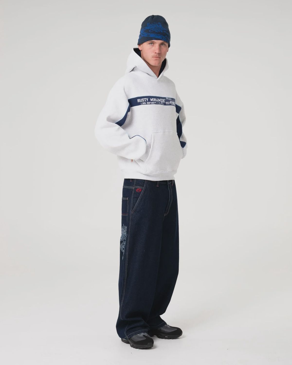 RUSTY MENS BIG TICKET HOODED FLEECE - ECRU MARLE