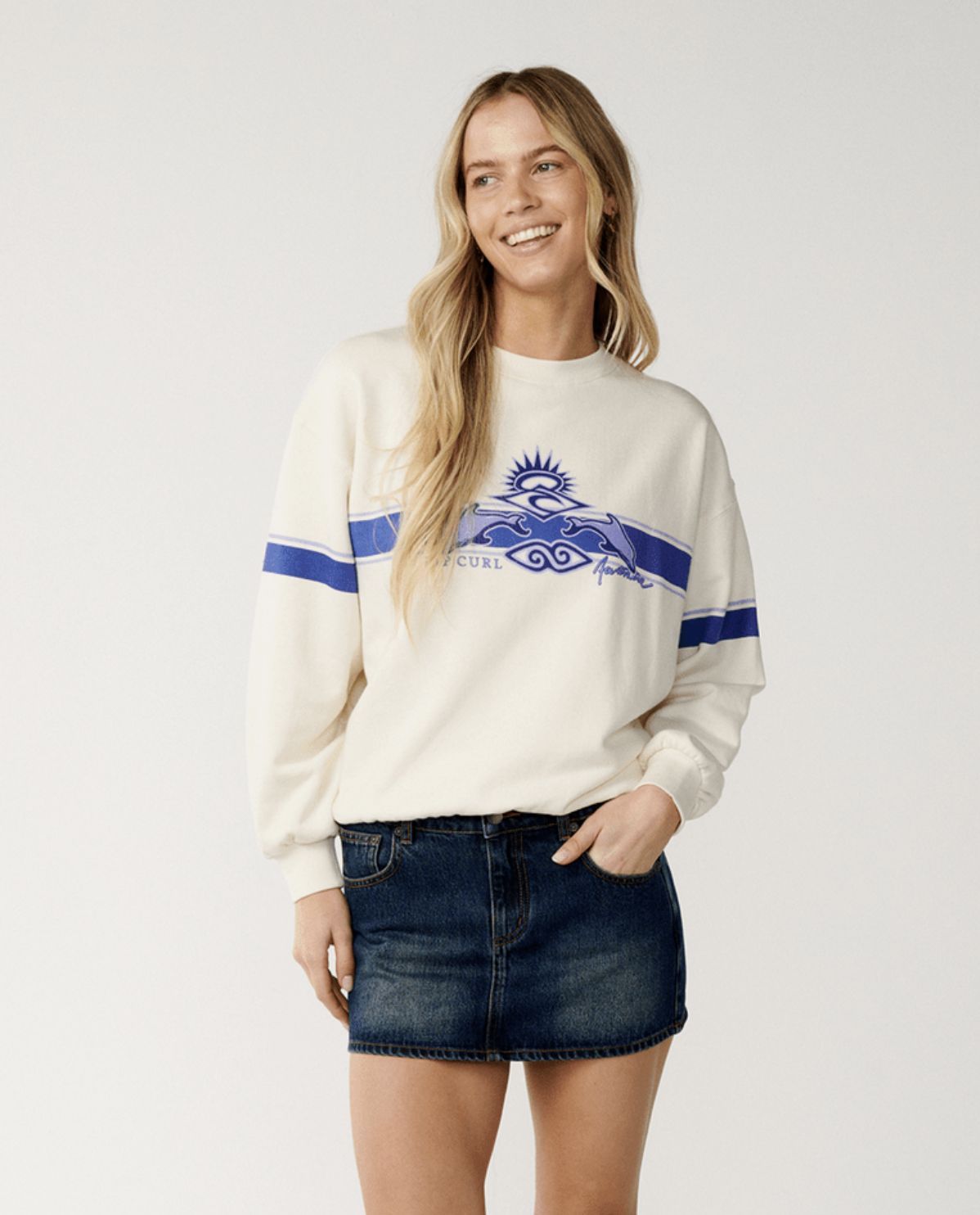 RIP CURL WOMENS ARCHIVE DOLPHIN OVERSIZED CREW - BONE