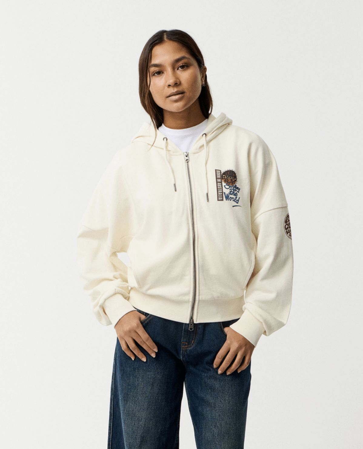 RIP CURL WOMENS SURF THE WORLD ZIP THRU FLEECE - BONE