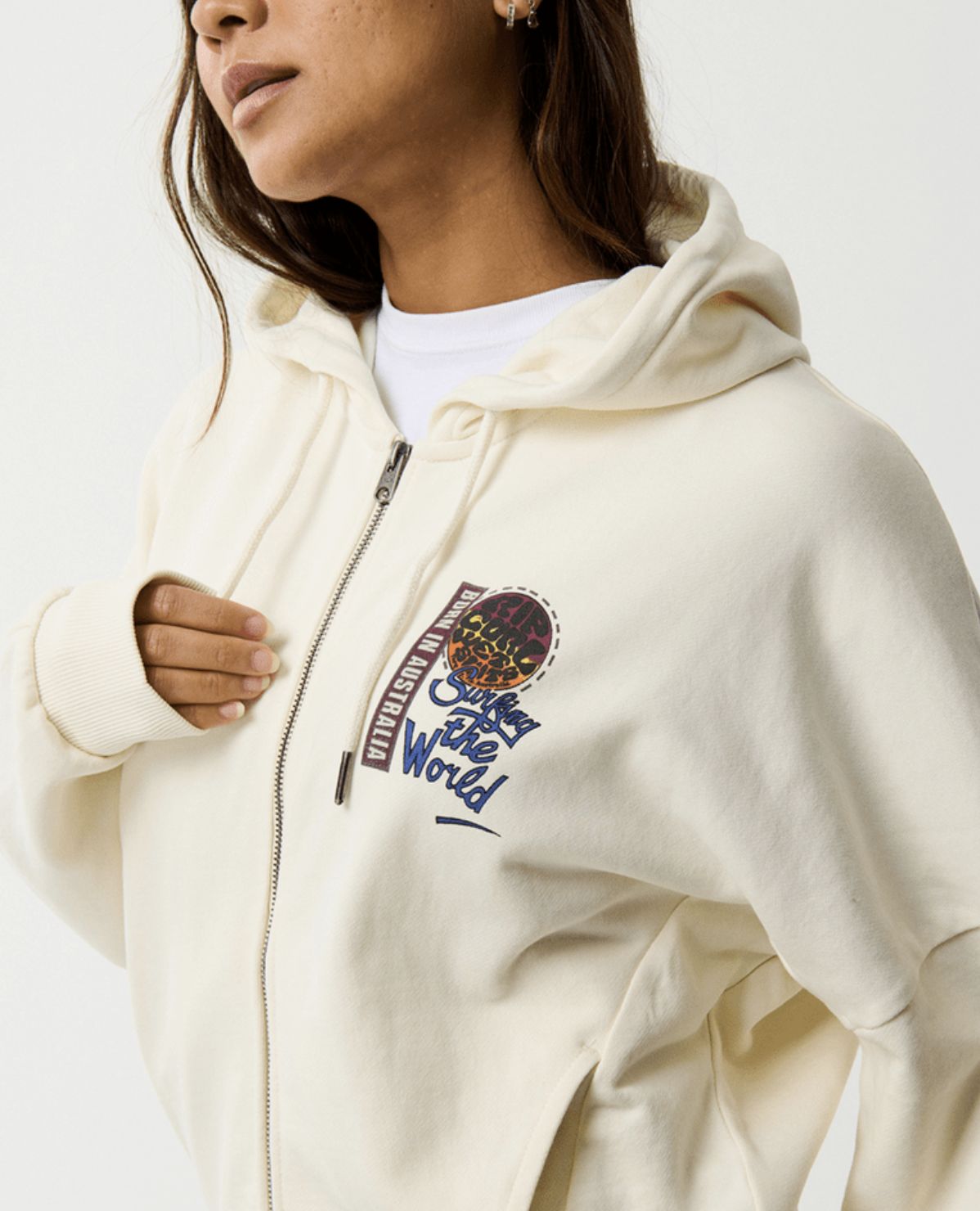 RIP CURL WOMENS SURF THE WORLD ZIP THRU FLEECE - BONE