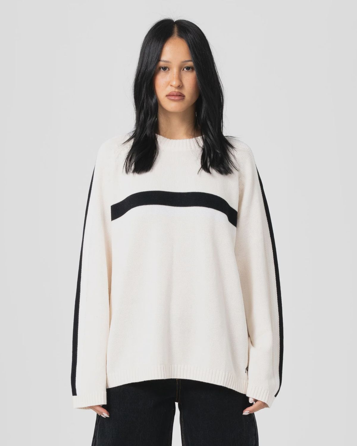 RUSTY WOMENS WHITE LINES LONG SLEEVE CREW NECK KNIT - CREAM/BLACK