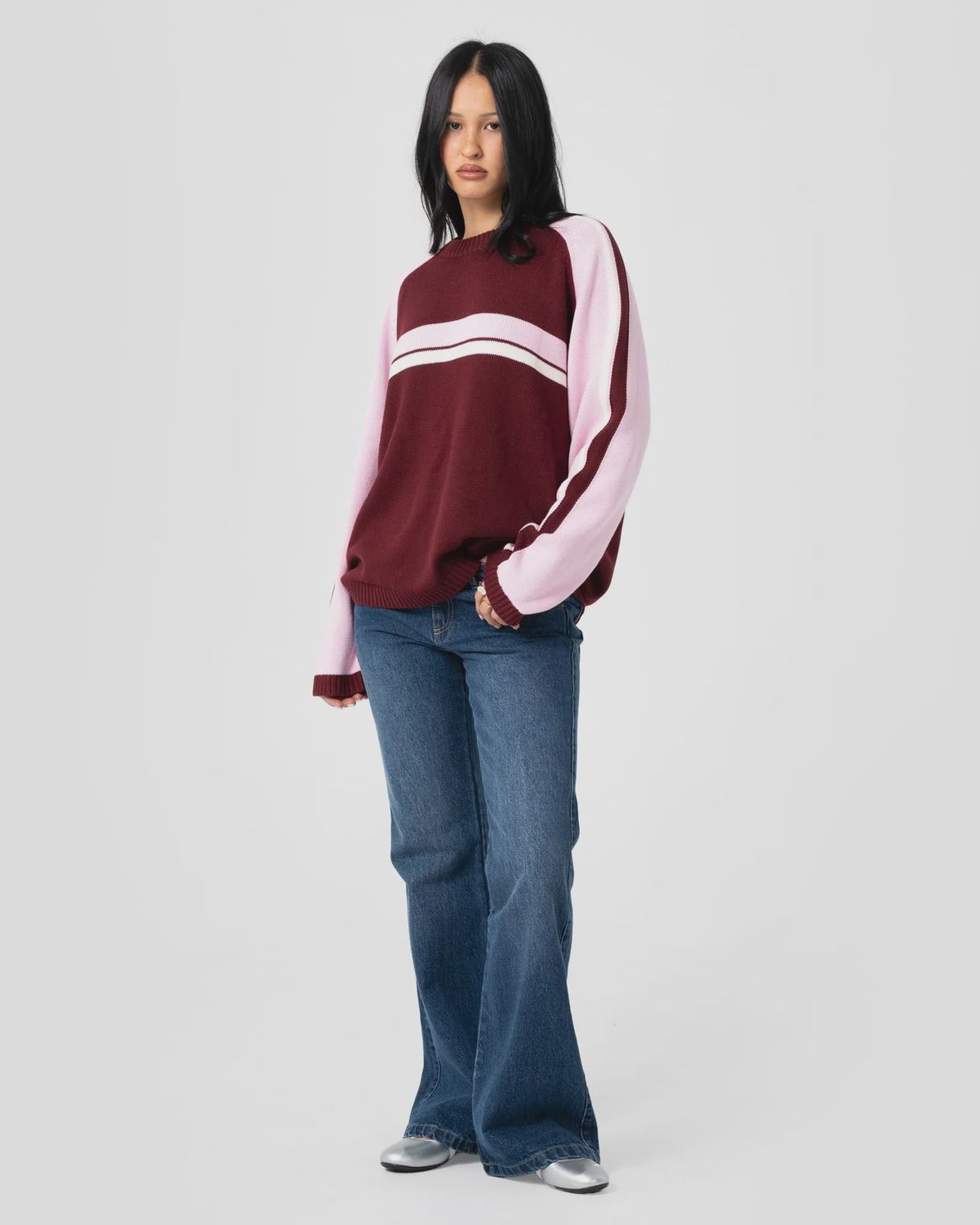 RUSTY WOMENS WHITE LINES TWO L/S CREW NECK KNIT - BURGUNDY