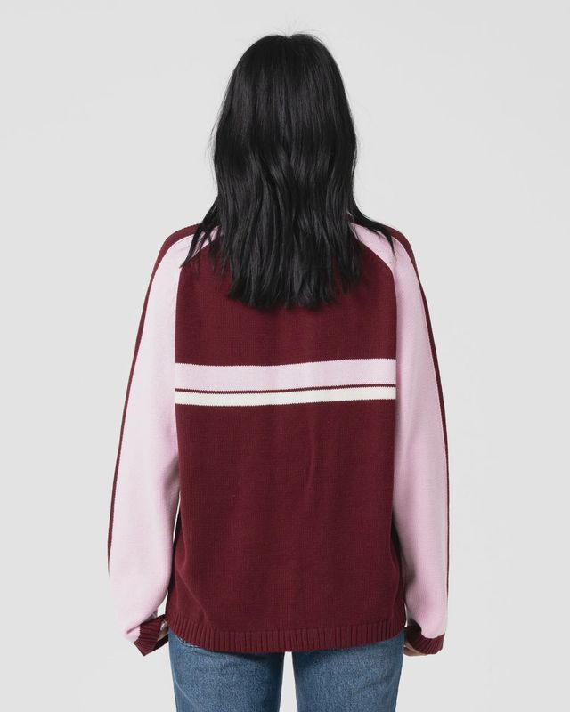 RUSTY WOMENS WHITE LINES TWO L/S CREW NECK KNIT - BURGUNDY