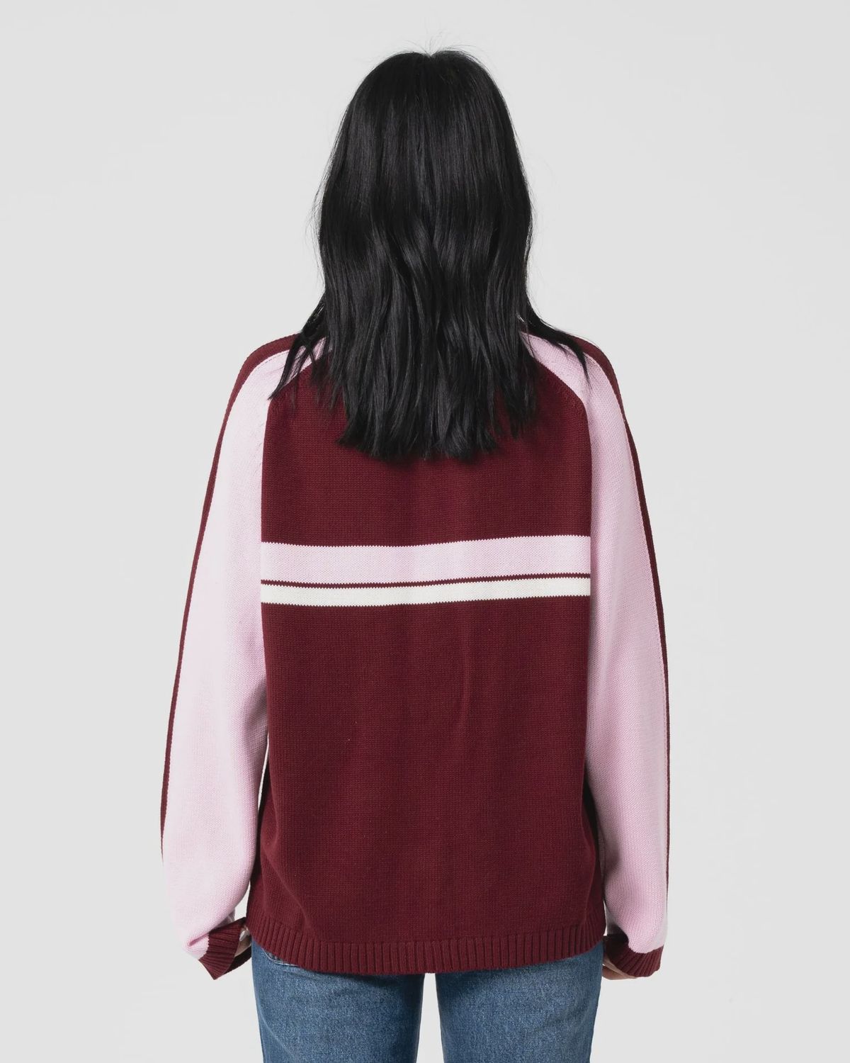 RUSTY WOMENS WHITE LINES TWO L/S CREW NECK KNIT - BURGUNDY