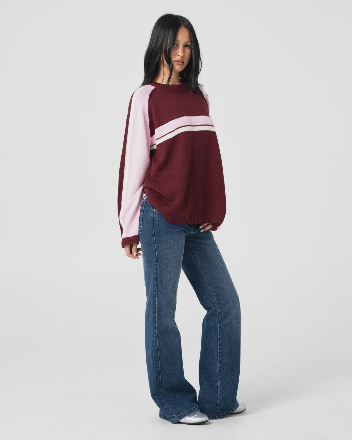 RUSTY WOMENS WHITE LINES TWO L/S CREW NECK KNIT - BURGUNDY