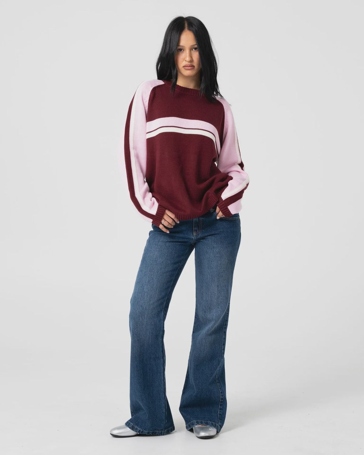 RUSTY WOMENS WHITE LINES TWO L/S CREW NECK KNIT - BURGUNDY