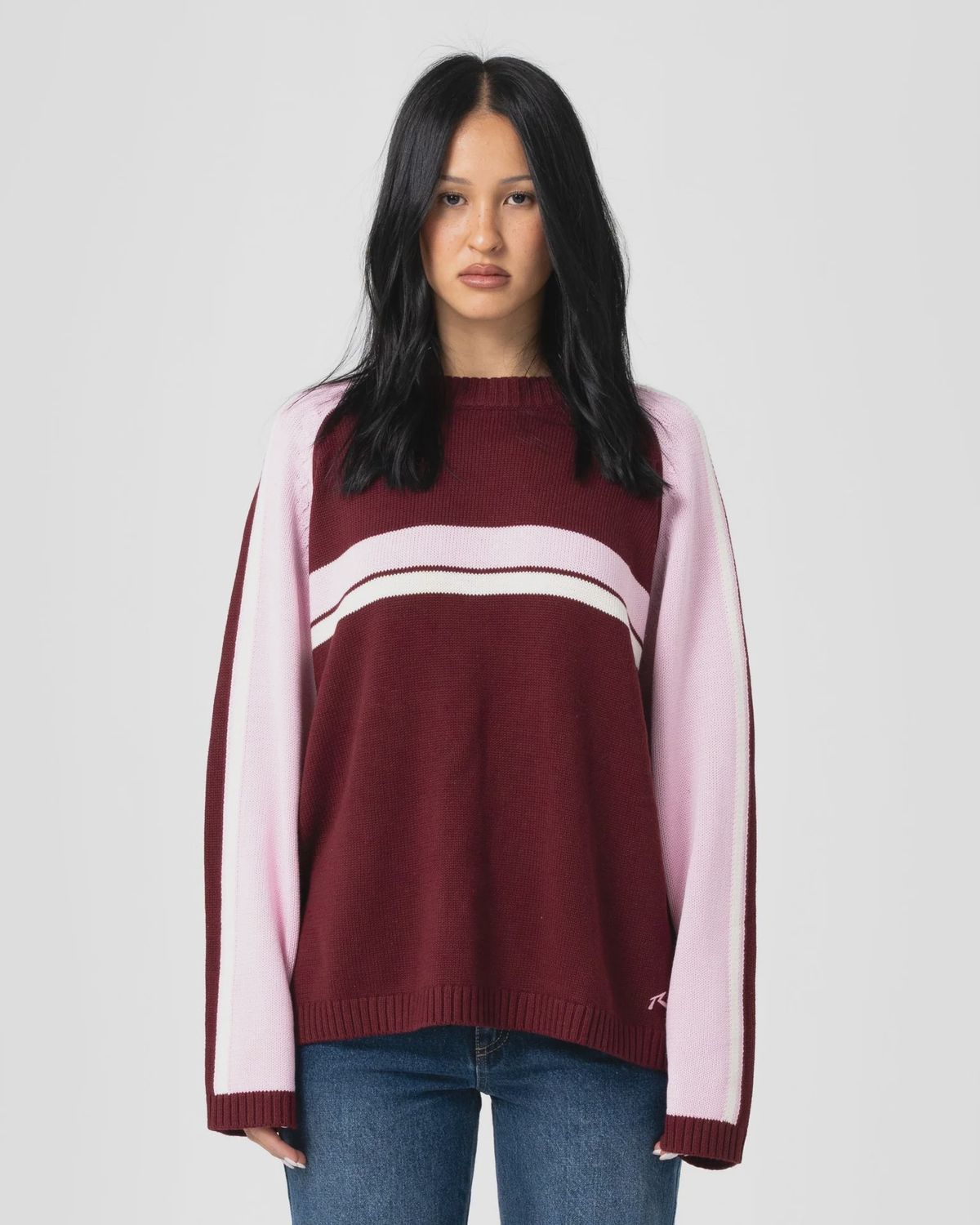 RUSTY WOMENS WHITE LINES TWO L/S CREW NECK KNIT - BURGUNDY