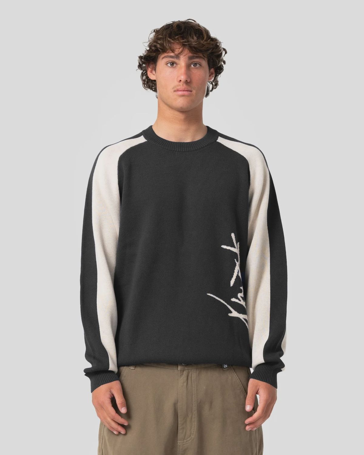 RUSTY MENS ROLL SAFE BOXY KNITTED CREW - BLACK MARLE