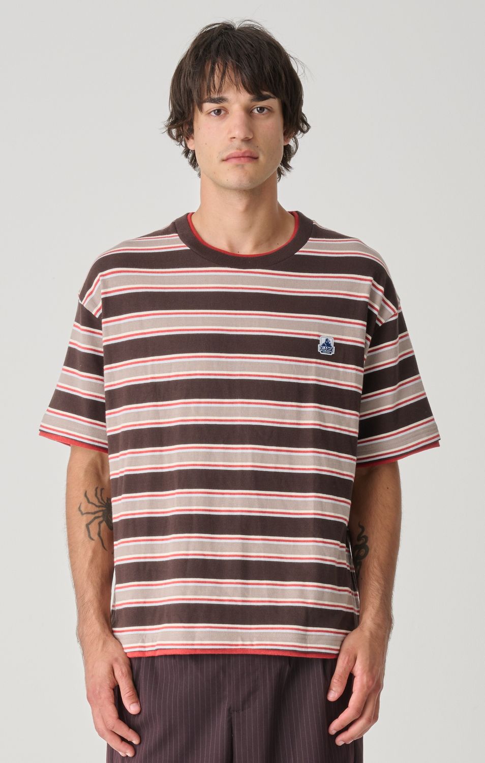 X LARGE MENS STRIPE LAYERED GORILLA FIT SS TEE - BRICK