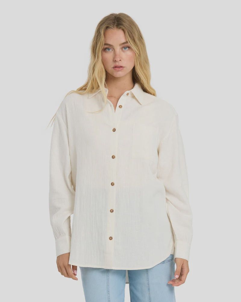 BILLABONG WOMENS WANDERER LS WOVEN SHIRT - SALT CRYSTAL