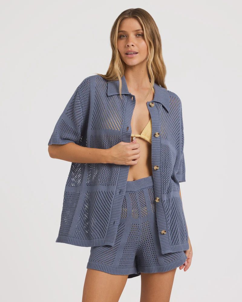 BILLABONG WOMENS COOL DOWN SS KNIT SHIRT - BLUE SMOKE