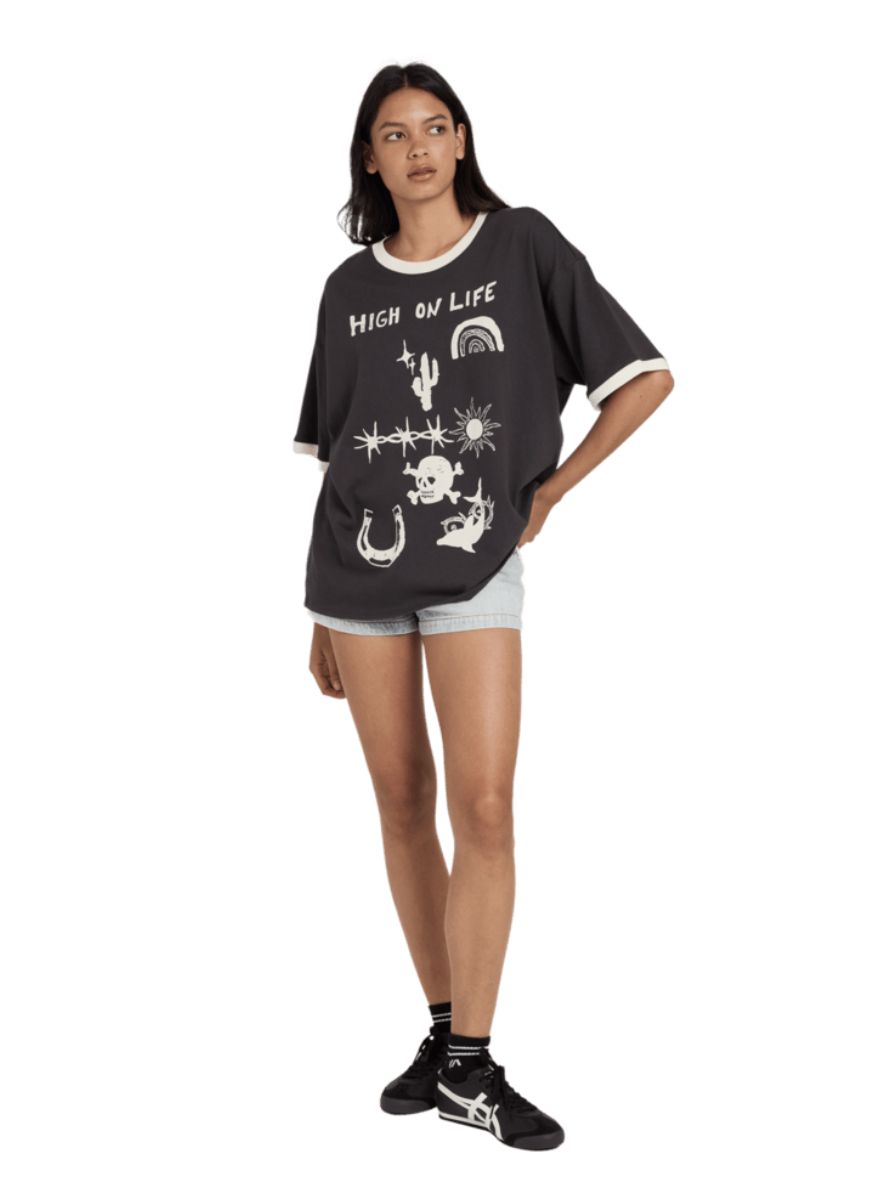 RVCA WOMENS DANI MILLER RINGER OVERSIZED SS TEE - WASHED BLACK