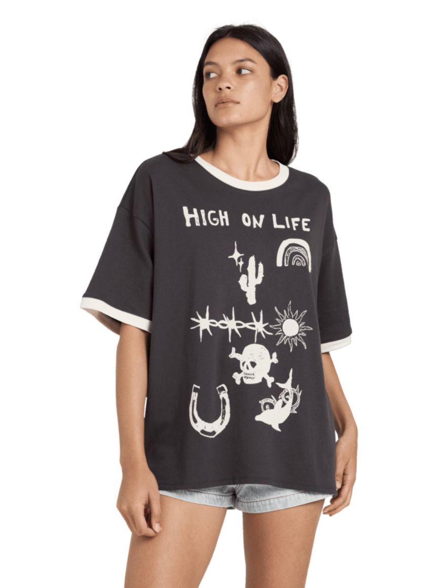 RVCA WOMENS DANI MILLER RINGER OVERSIZED SS TEE - WASHED BLACK