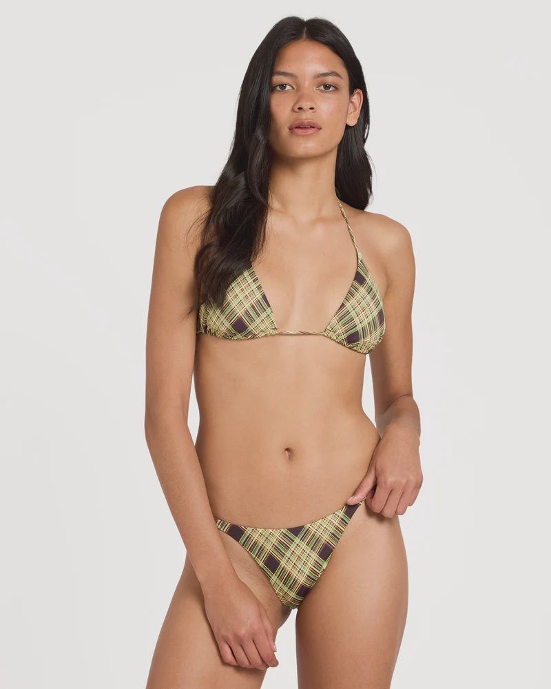 RVCA WOMENS BOULEVARD PLAID HALTER TRI SWIM TOP - CHOCOLATE