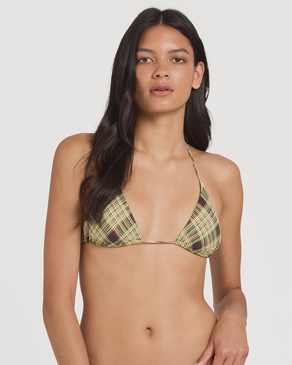 RVCA WOMENS BOULEVARD PLAID HALTER TRI SWIM TOP - CHOCOLATE
