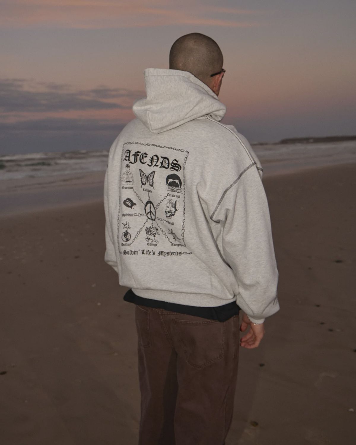 AFENDS MENS SPIRITUAL DISTRESSED BOXY HOOD - GREY MARLE