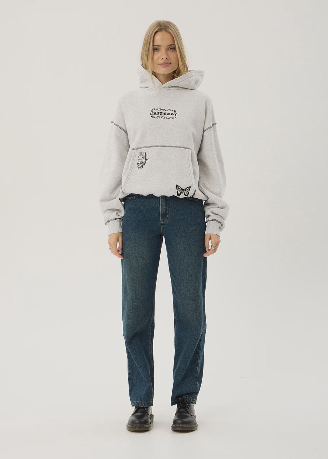 AFENDS MENS SPIRITUAL DISTRESSED BOXY HOOD - GREY MARLE