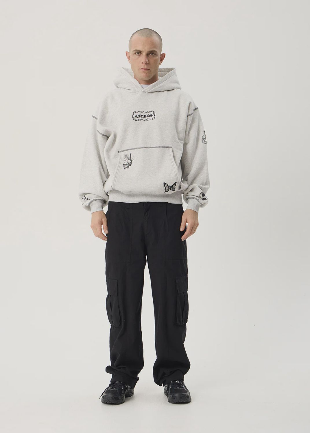 AFENDS MENS SPIRITUAL DISTRESSED BOXY HOOD - GREY MARLE