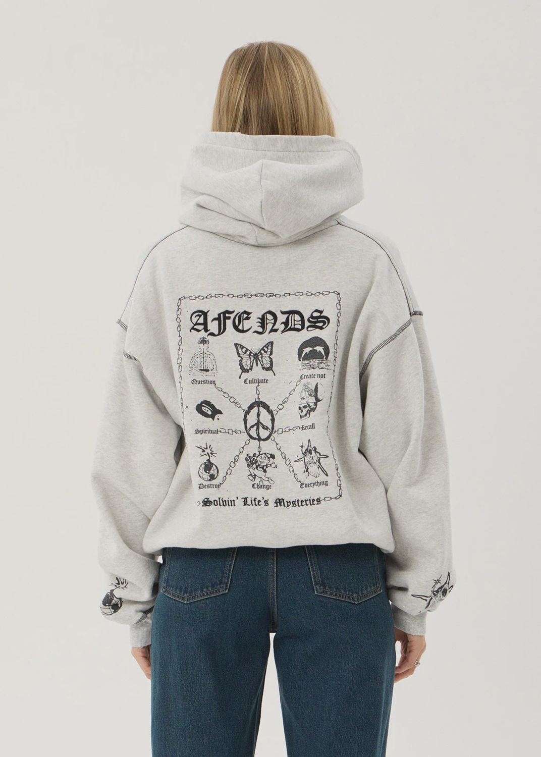 AFENDS MENS SPIRITUAL DISTRESSED BOXY HOOD - GREY MARLE