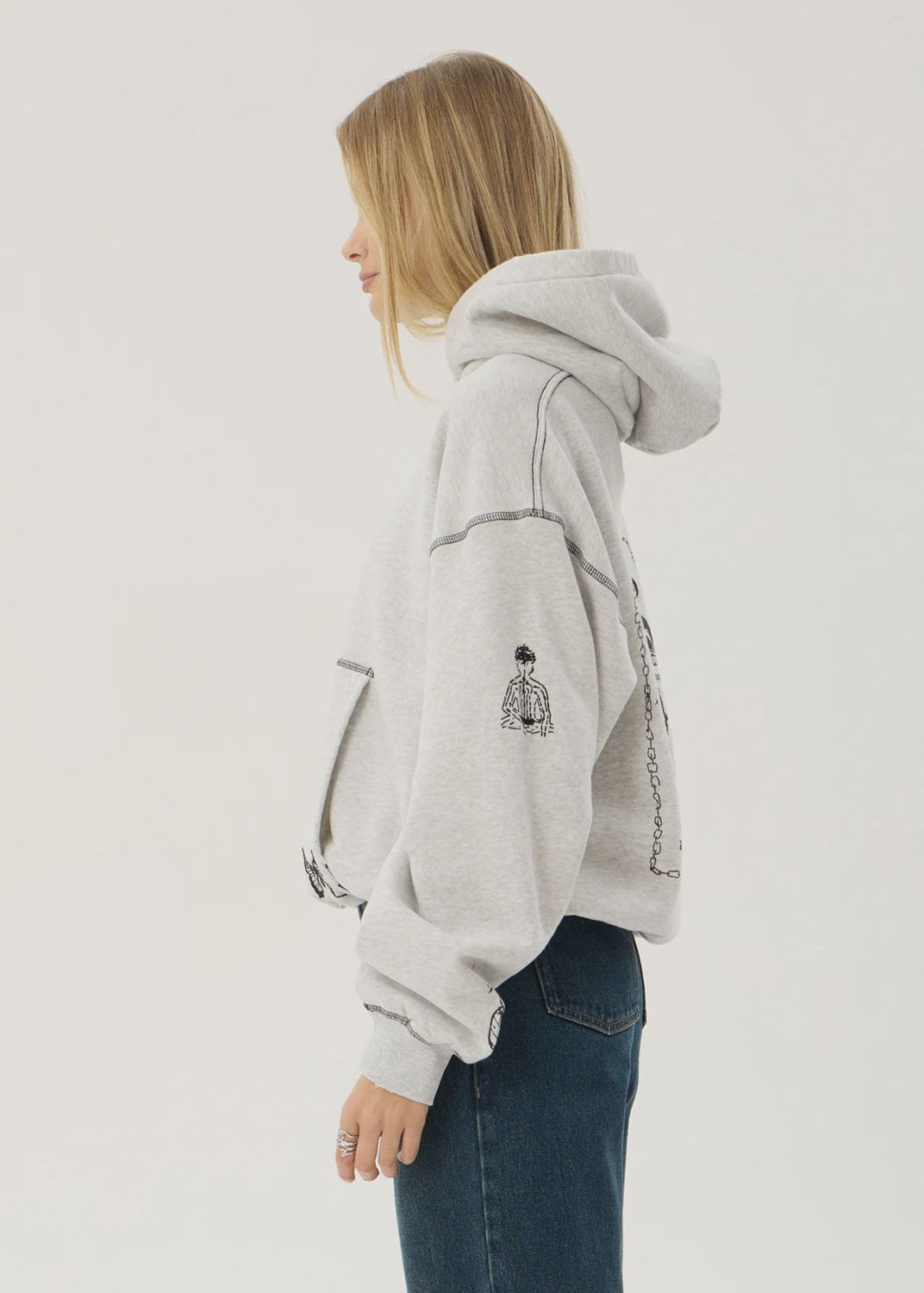 AFENDS MENS SPIRITUAL DISTRESSED BOXY HOOD - GREY MARLE