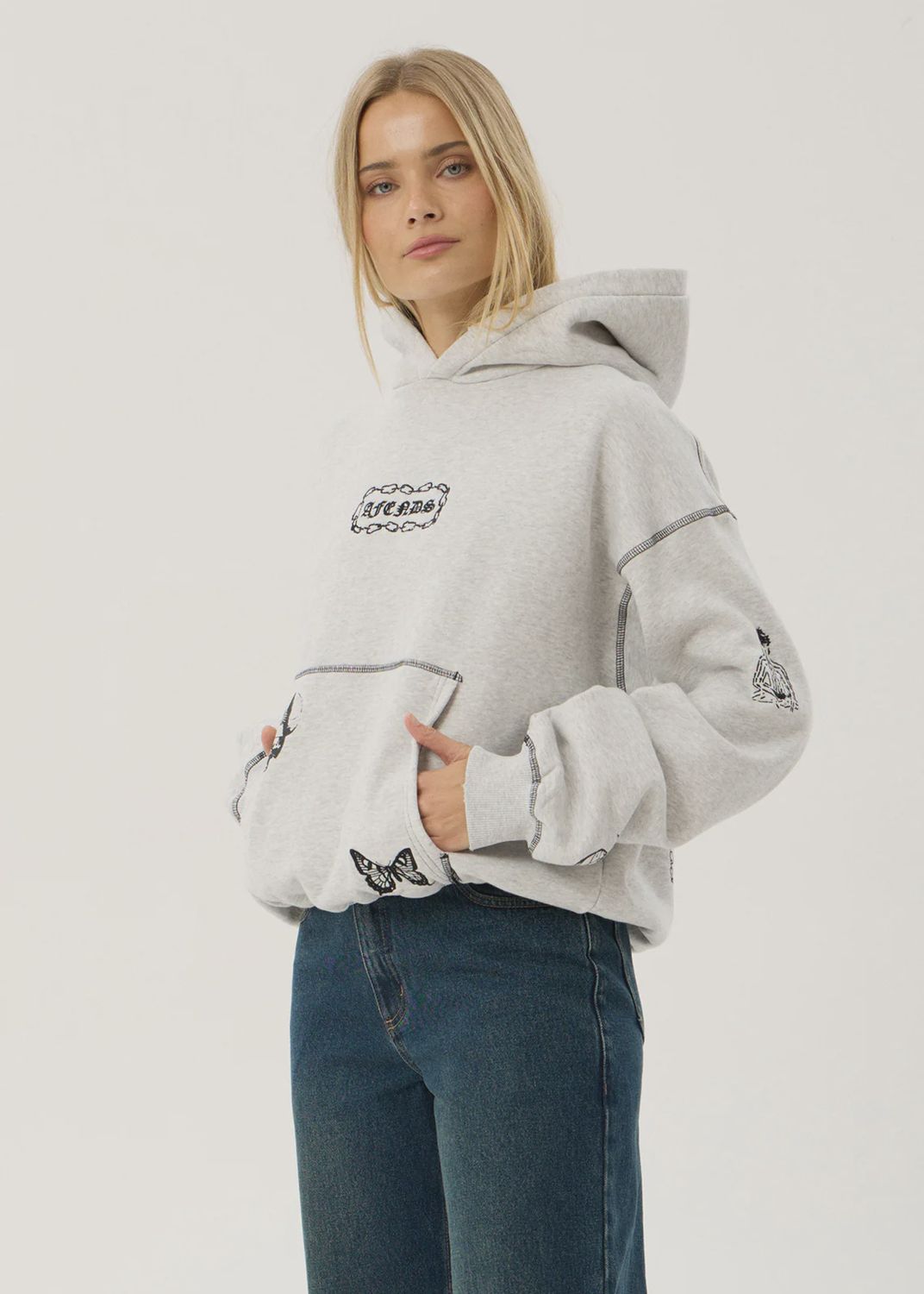 AFENDS MENS SPIRITUAL DISTRESSED BOXY HOOD - GREY MARLE