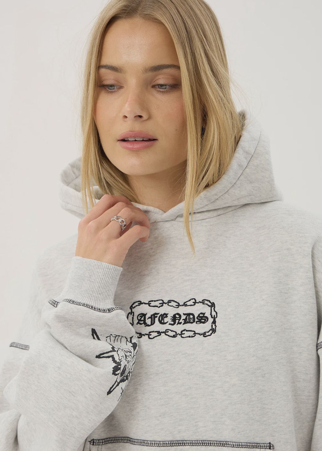 AFENDS MENS SPIRITUAL DISTRESSED BOXY HOOD - GREY MARLE