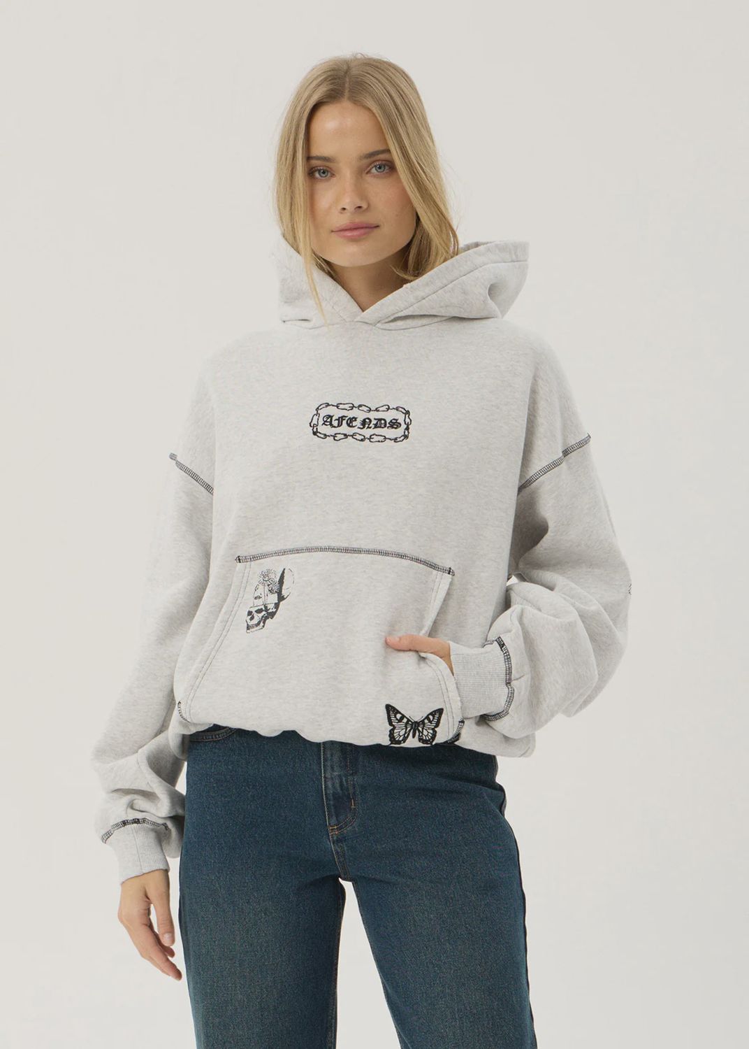 AFENDS MENS SPIRITUAL DISTRESSED BOXY HOOD - GREY MARLE