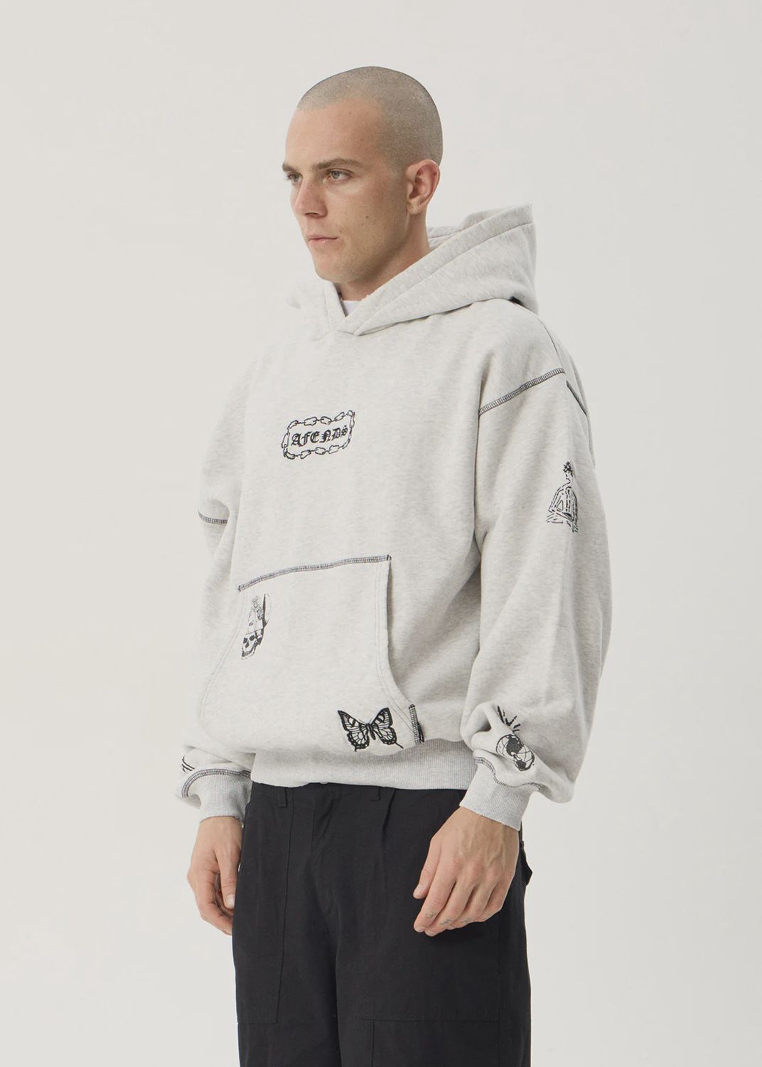 AFENDS MENS SPIRITUAL DISTRESSED BOXY HOOD - GREY MARLE