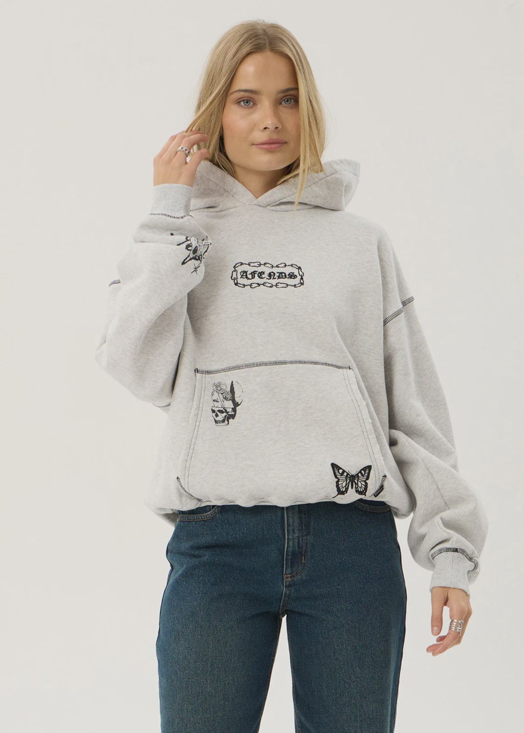 AFENDS MENS SPIRITUAL DISTRESSED BOXY HOOD - GREY MARLE