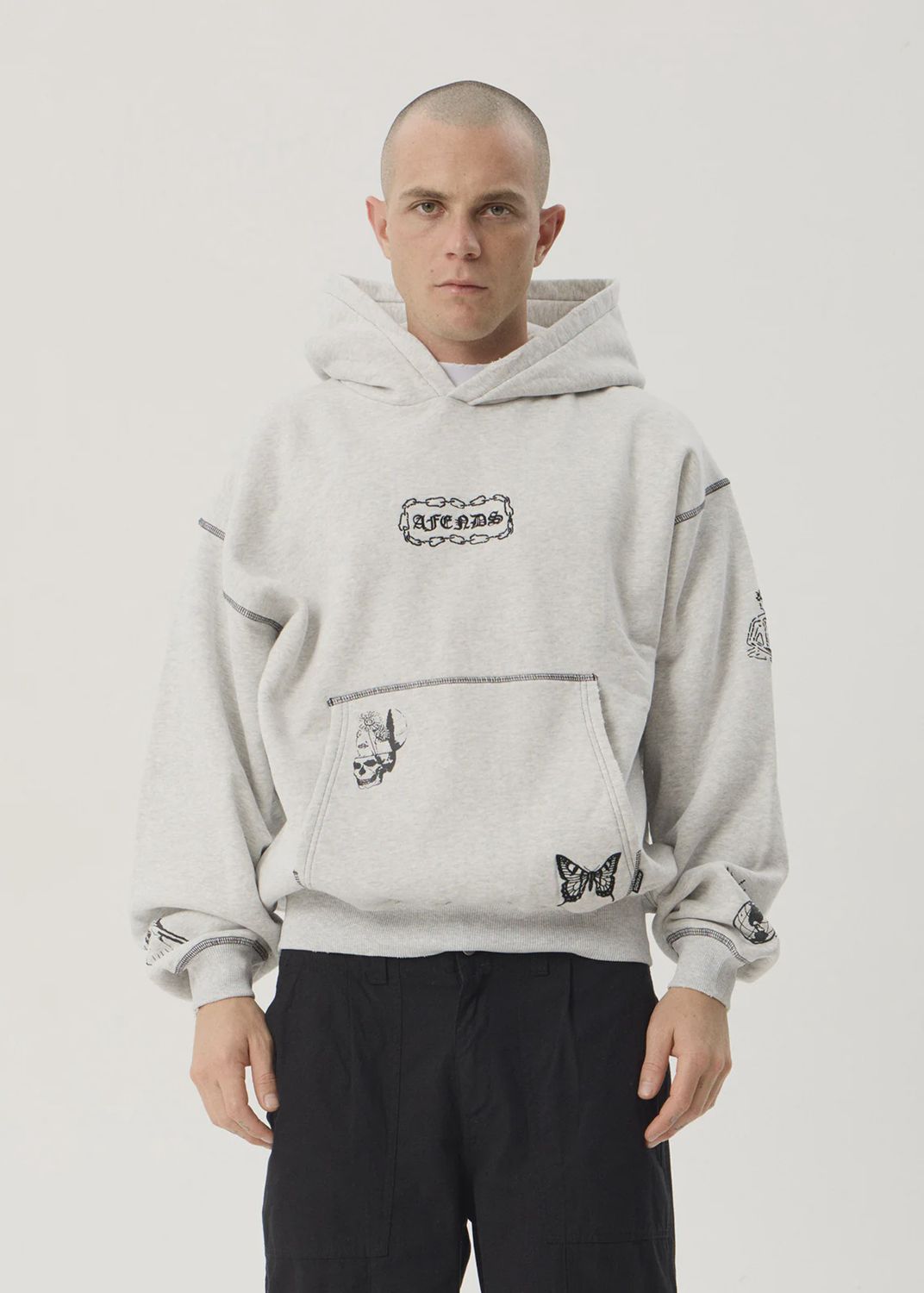 AFENDS MENS SPIRITUAL DISTRESSED BOXY HOOD - GREY MARLE