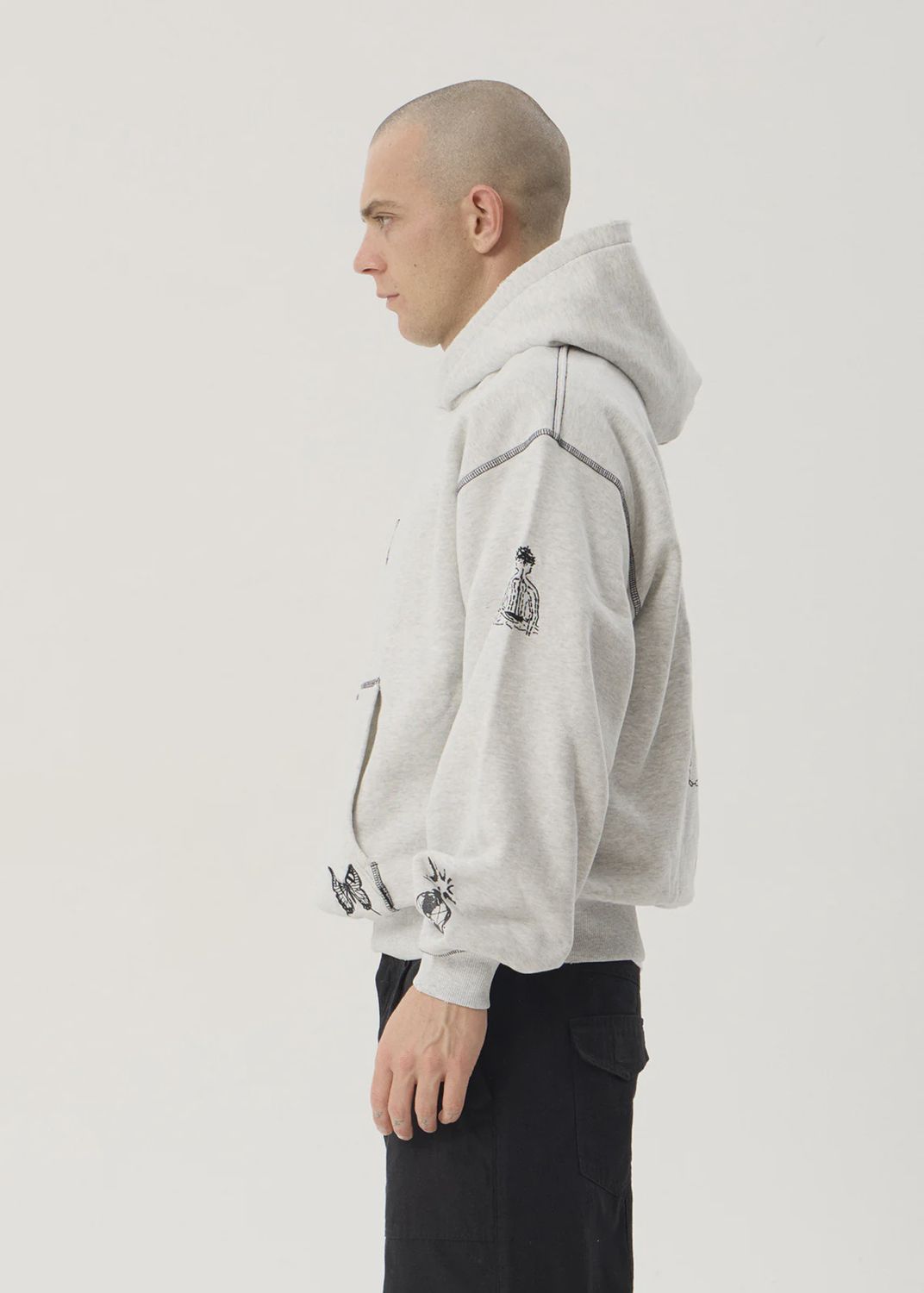 AFENDS MENS SPIRITUAL DISTRESSED BOXY HOOD - GREY MARLE