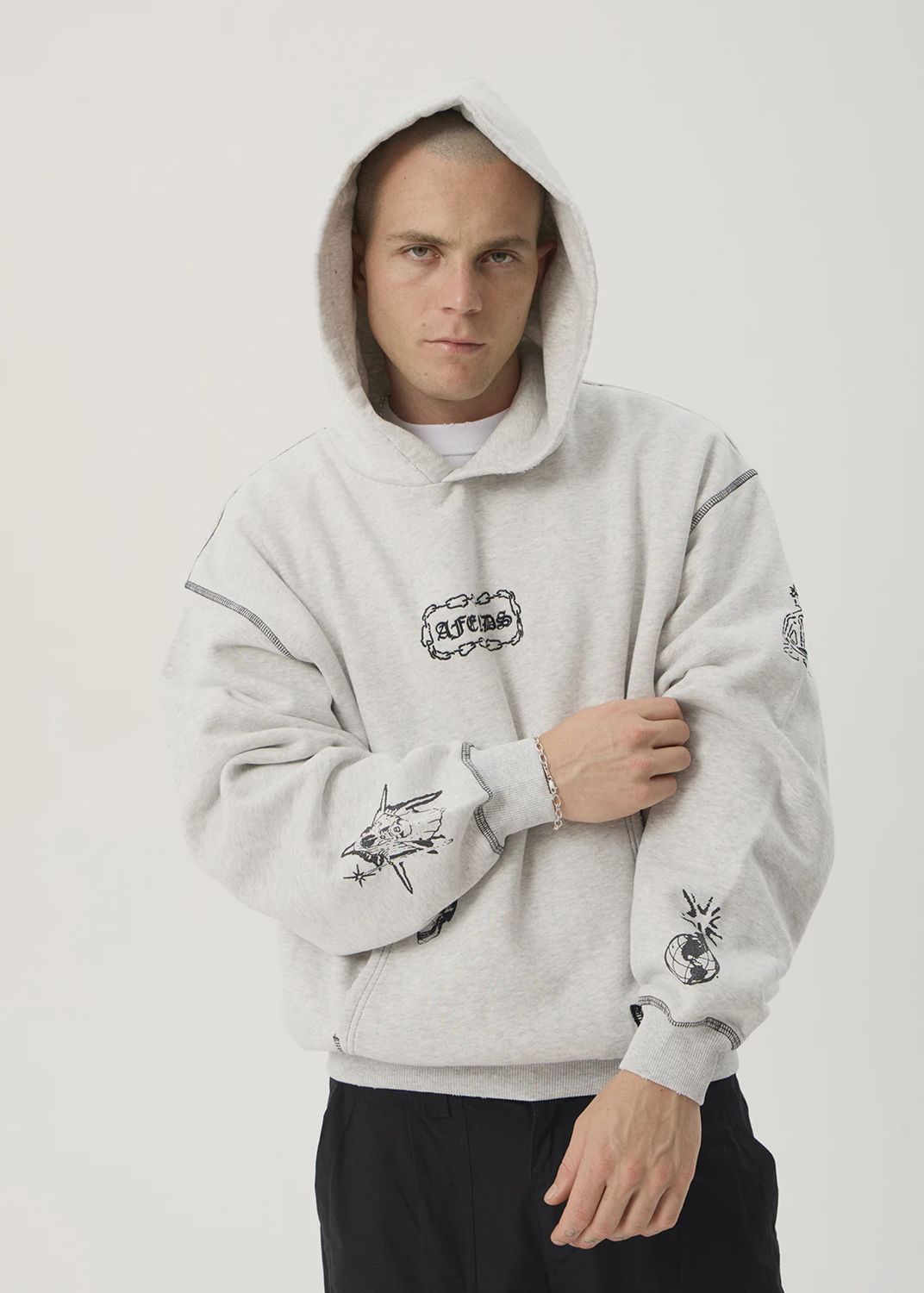 AFENDS MENS SPIRITUAL DISTRESSED BOXY HOOD - GREY MARLE