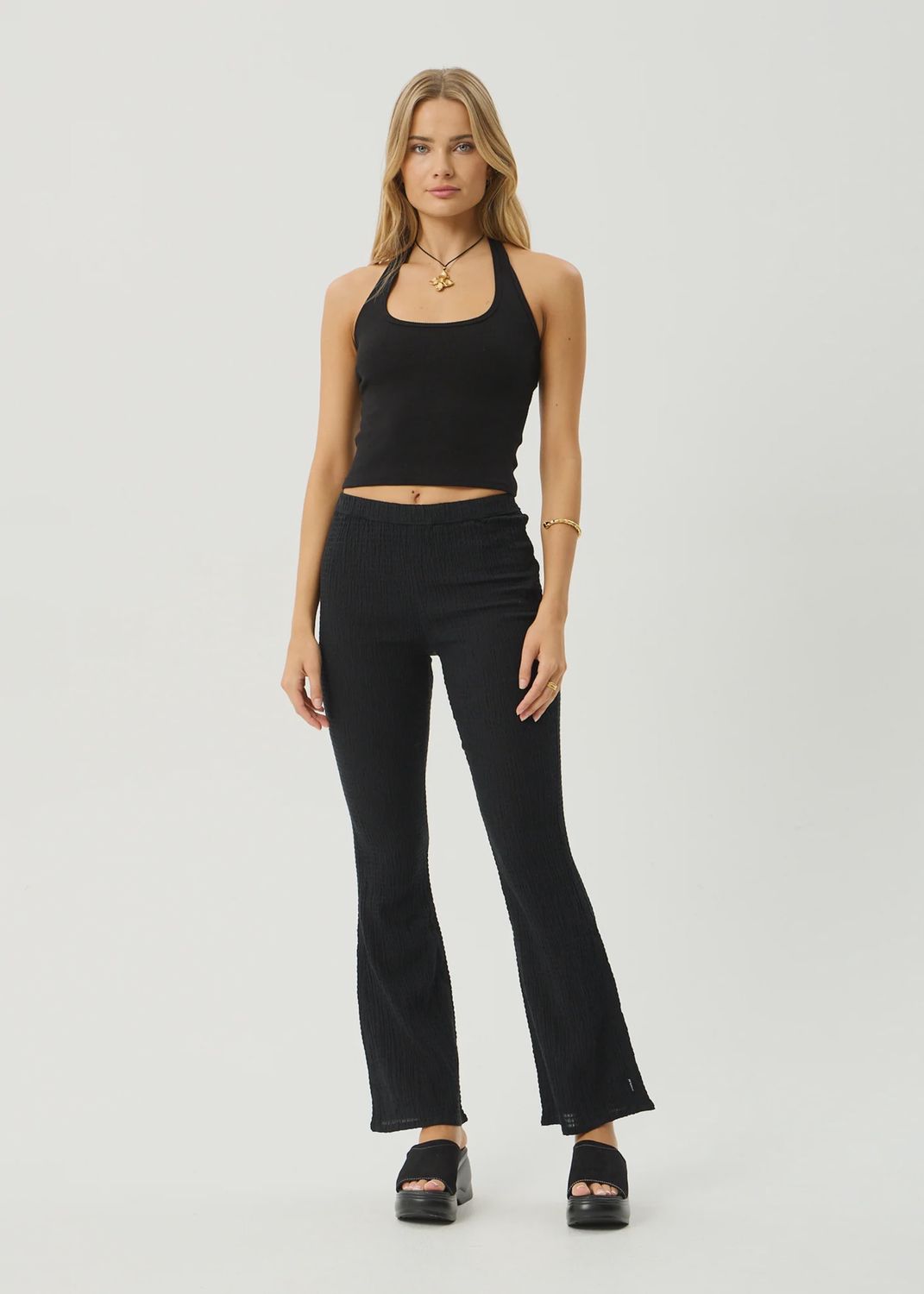 AFENDS WOMENS FOCUS SEERSUCKER FLARE PANT - BLACK