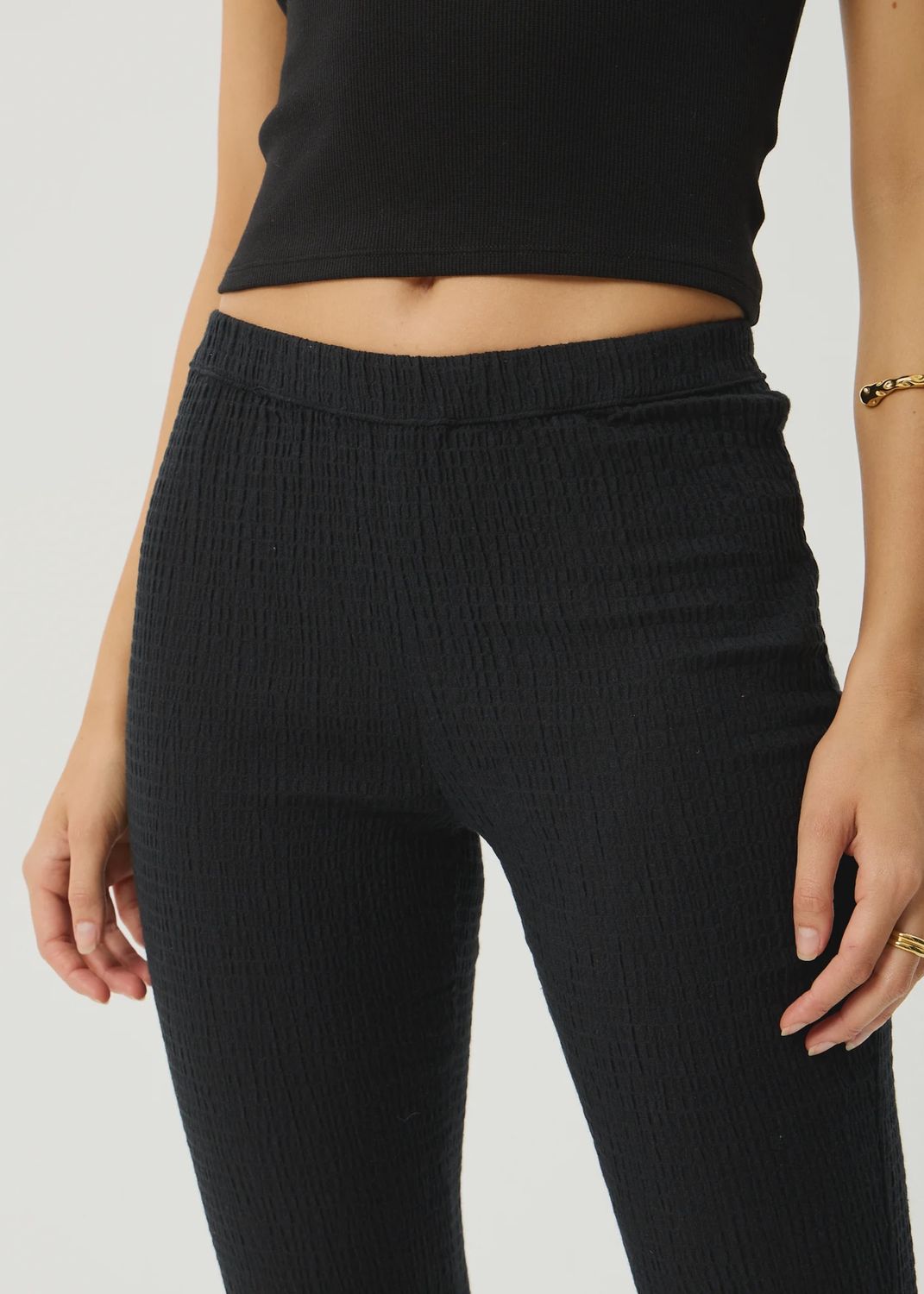 AFENDS WOMENS FOCUS SEERSUCKER FLARE PANT - BLACK