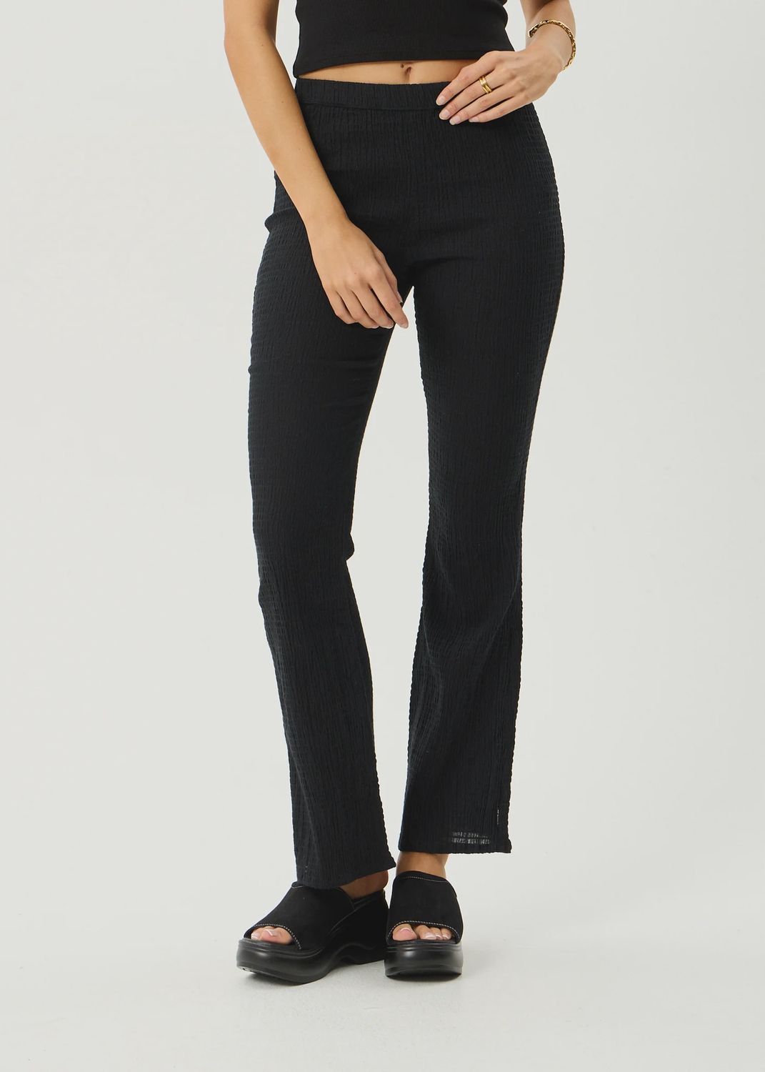 AFENDS WOMENS FOCUS SEERSUCKER FLARE PANT - BLACK