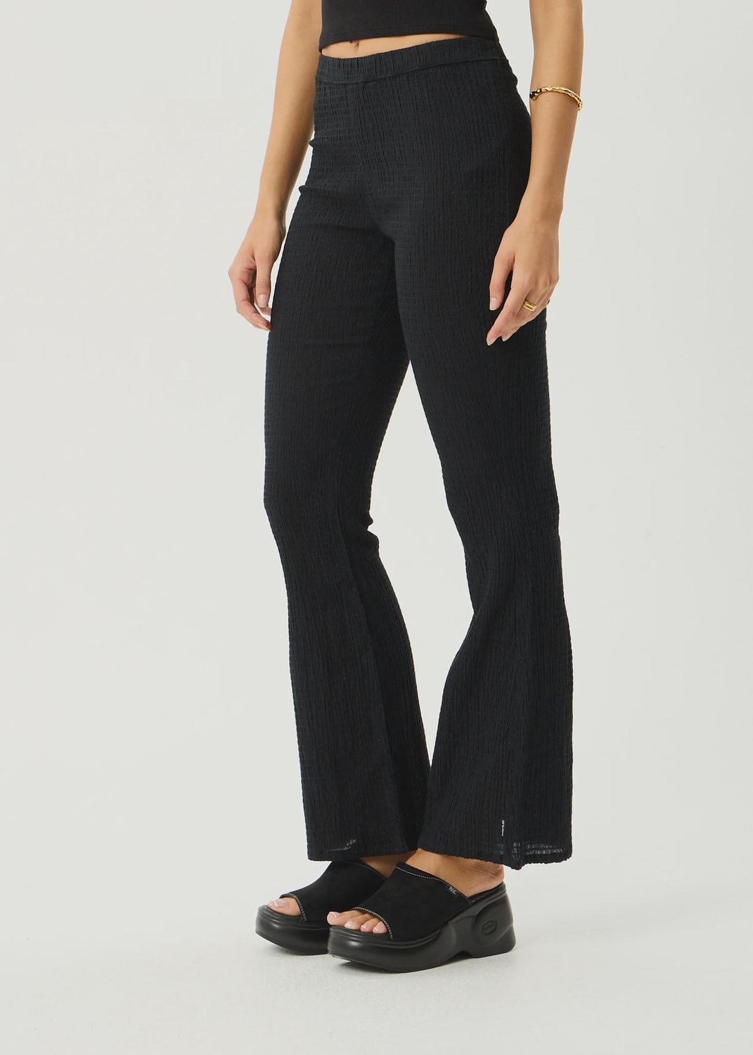 AFENDS WOMENS FOCUS SEERSUCKER FLARE PANT - BLACK
