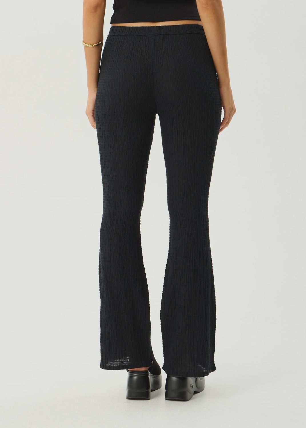 AFENDS WOMENS FOCUS SEERSUCKER FLARE PANT - BLACK
